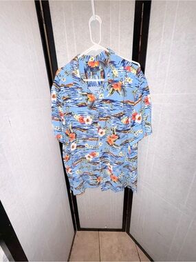 George Blue Hawaiian Shirt with Orange and Yellow Floral Accents